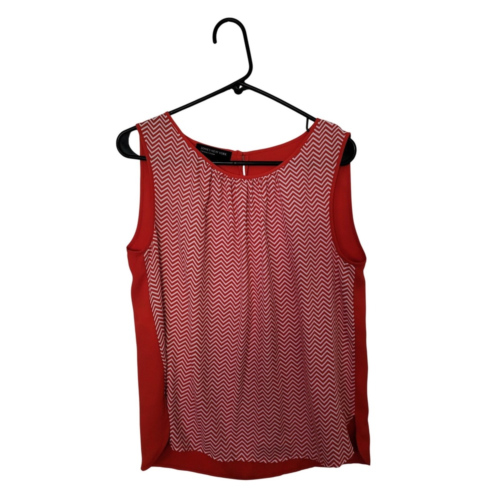 Jones New York Blouse Women 10 Red White Chevron Sleeveless Pleated Neck Top